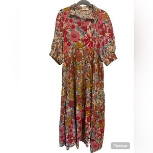 NATURAL LIFE Red Maxi Sundress with Notched Collar and Bishop Sleeves